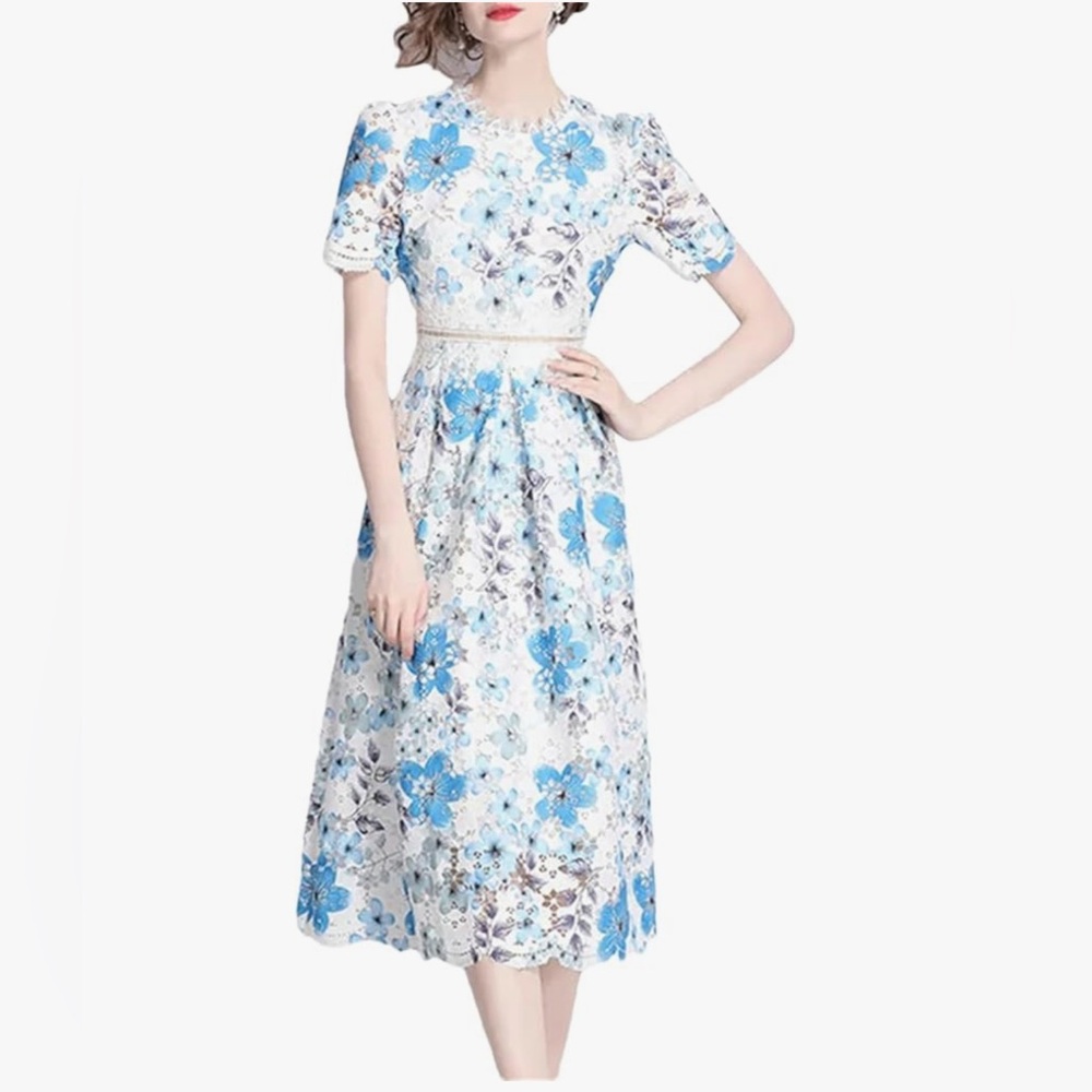 NWT Women Vintage Printing Lace Hollow Out Dress Short Sleeve Crew Neck Pleated